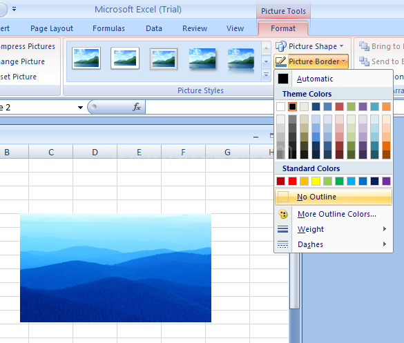 Select the picture. Click the Format tab. Click the Picture Border button. Click No Outline.