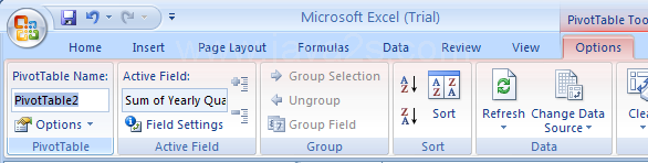 Click the PivotTable report. Click the Options tab. Click the PivotTable Name box and type a new name and then press Enter