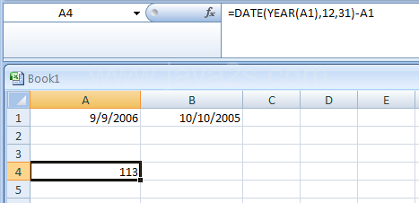 Input the formula: =DATE(YEAR(A1),12,31)-A1