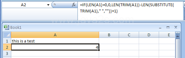 =IF(LEN(A1)=0,0,LEN(TRIM(A1))-LEN(SUBSTITUTE(TRIM(A1)