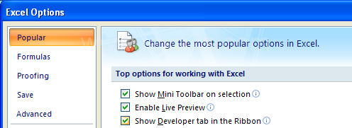 In the left pane, click Popular. Select the Show Developer tab in the Ribbon.