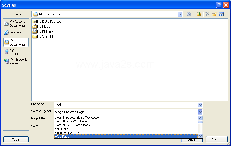 Click the Save as type list arrow, and then click Web Page.