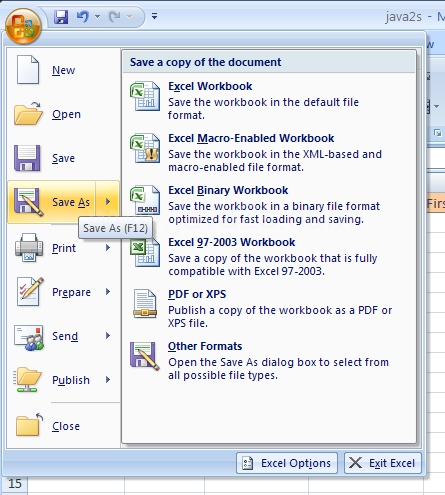 Click the Office button, click Save As, and then click Other Formats.