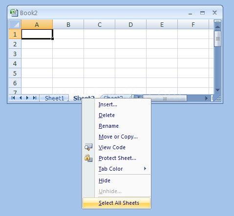 Right-click any sheet tab. Then click Select All Sheets.