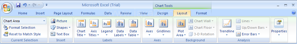 Select the chart. Click the Format or Layout tab under Chart Tools.