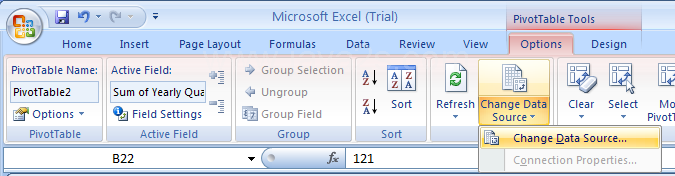 Select a different data source for a PivotTable