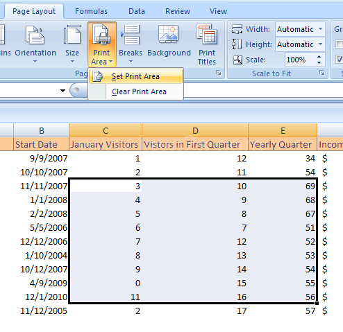 Click the Page Layout tab. Click the Print Area button. Then click Set Print Area.