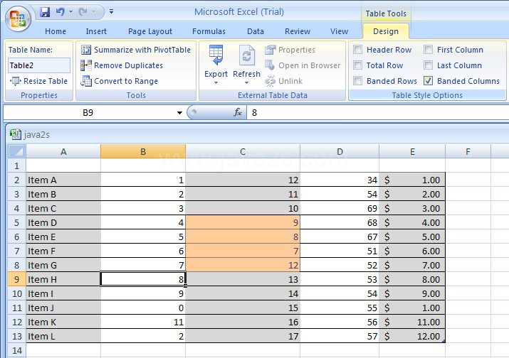 Select Banded Column to format even columns differently than odd columns.