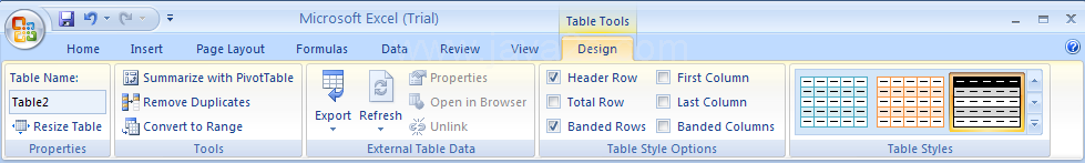 Select a cell or range in the table. Click the Design tab under Table Tools.