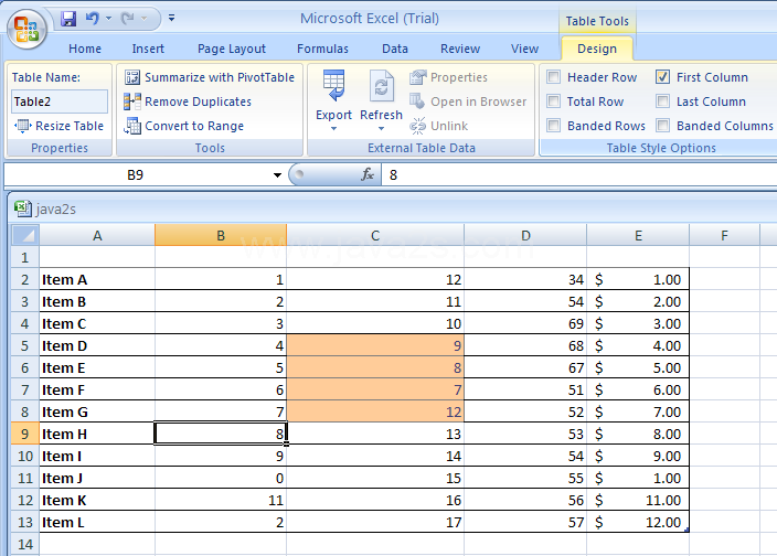 Select First Column to format the first column of the table as special.