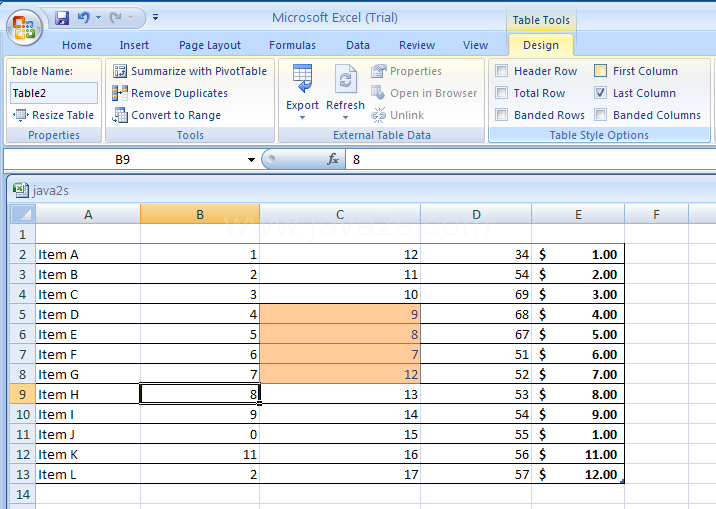 Select Last Column to format the last column of the table as special.