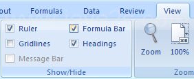Select or clear Formula Bar in Page Layout view to show or hide the bar below the Ribbon.