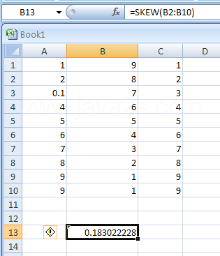 Input the formula: =SKEW(B2:B11)