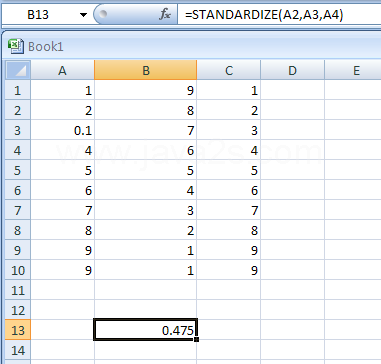 Input the formula: =STANDARDIZE(A2,A3,A4)