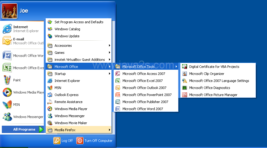 Click the Start button on the taskbar, point to All Programs, and then click Microsoft Office.