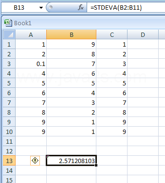 Input the formula: STDEVA(B2:B11)