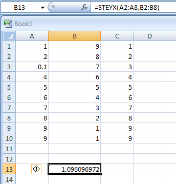 Input the formula: =STEYX(A2:A8,B2:B8)