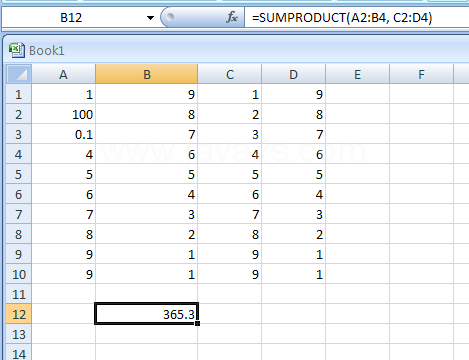 SUMPRODUCT(array1,array2,array3, ...) returns the sum of the products of corresponding array components