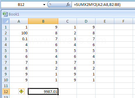 SUMX2MY2(array_x,array_y) returns the sum of the sum of squares of corresponding values in two arrays