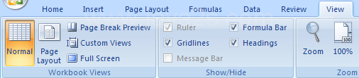 Or Click the View tab, and then click any of the following view buttons: Normal View, Page Layout View, Page Break Preview View, or Full Screen.