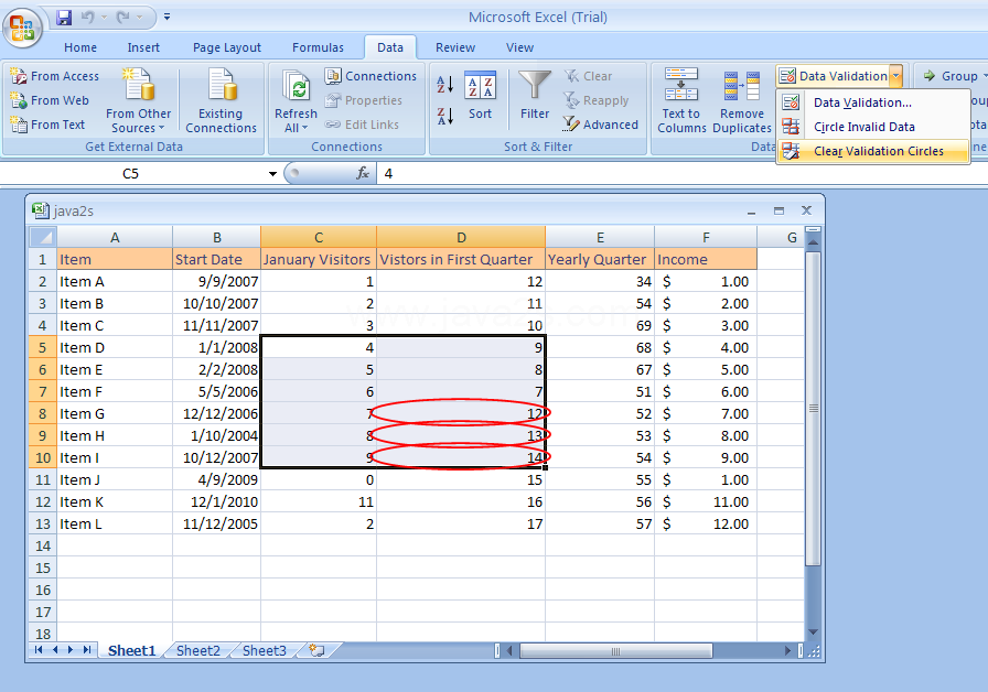 Click the Data Validation button arrow, and then click Clear Validation Circles.