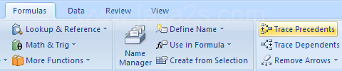 Click the Formulas tab. Click the Trace Precedents button to find cells that provide data to a formula.