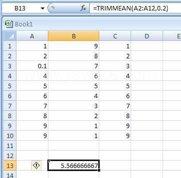 Input the formula: =TRIMMEAN(A2:A12,0.2)