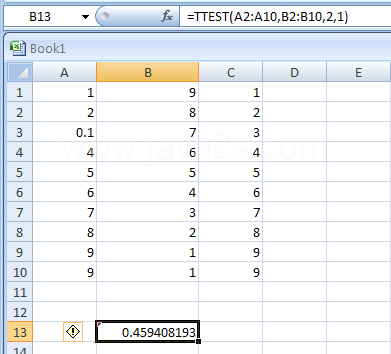 Input the formula: =TTEST(A2:A10,B2:B10,2,1)