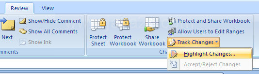 Click the Review tab. Then click the Track Changes button, and then click Highlight Changes.