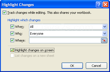 Select or clear the Highlight changes on screen or List changes on a new sheet check boxes.