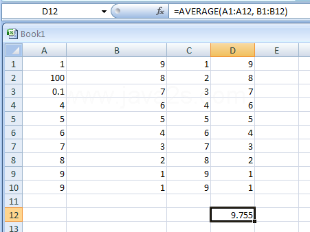 Input the formula: =AVERAGE(A1:A12, B1:B12)