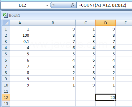 Use COUNT with more than one range: =COUNT(A1:A12, B1:B12)