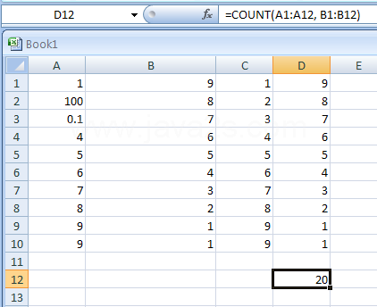 Input the formula:  =COUNT(A1:A12, B1:B12)