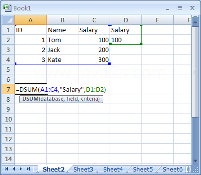 Fill the formula:  =DSUM