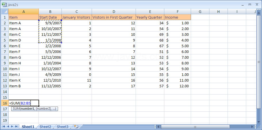 Click B2, and then drag to select B2 to B5. Excel enters the range address for you.