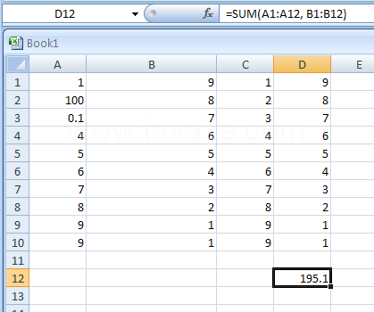 Use SUM with more than one range: =SUM(A1:A12, B1:B12)