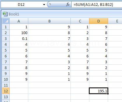 Input the formula: =SUM(A1:A12, B1:B12)