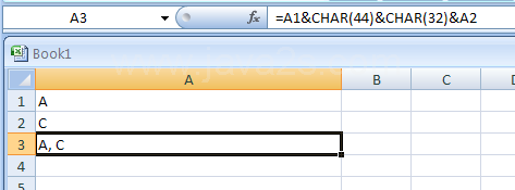 Using the CHAR function to represent a comma (44) and a space (32) between the two entries