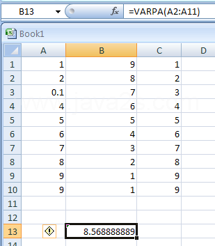 Input the formula: =VARPA(A2:A11)