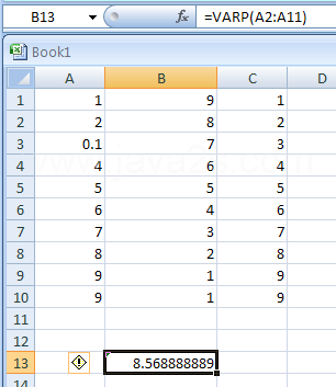 Input the formula: =VARP(A2:A11)