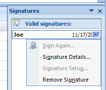 Point to a signature, and then click the list arrow.