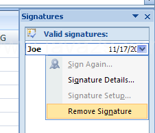 To remove a signature, point to a signature, click the list, click Remove Signature, click Yes.