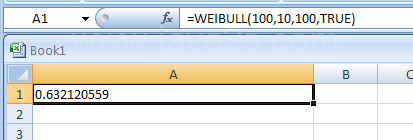 Input the formula: =WEIBULL(100,10,100,TRUE)