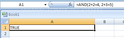 Input the formula: =AND(2+2=4, 2+3=5)