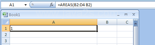 =AREAS(B2:D4 B2) returns the number of areas in the range