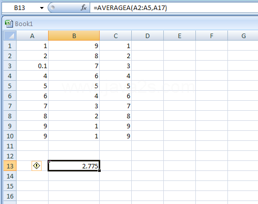 =AVERAGEA(A2:A5,A17) returns Average of the numbers above, and the empty cell