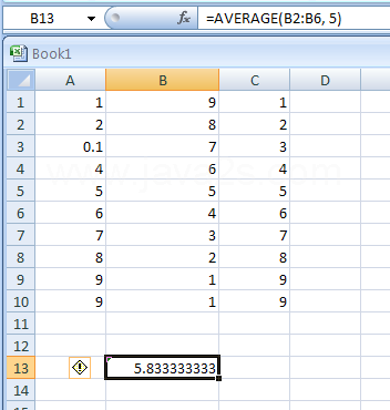 =AVERAGE(B2:B6, 5) returns the average of the numbers and 5