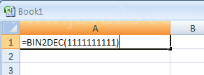 =BIN2DEC(1111111111) converts binary 1111111111 to decimal (-1)