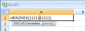 =BIN2HEX(1111111111) converts binary 1111111111 to hexadecimal