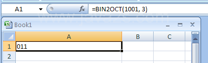=BIN2OCT(1001, 3) converts binary 1001 to octal with 3 characters